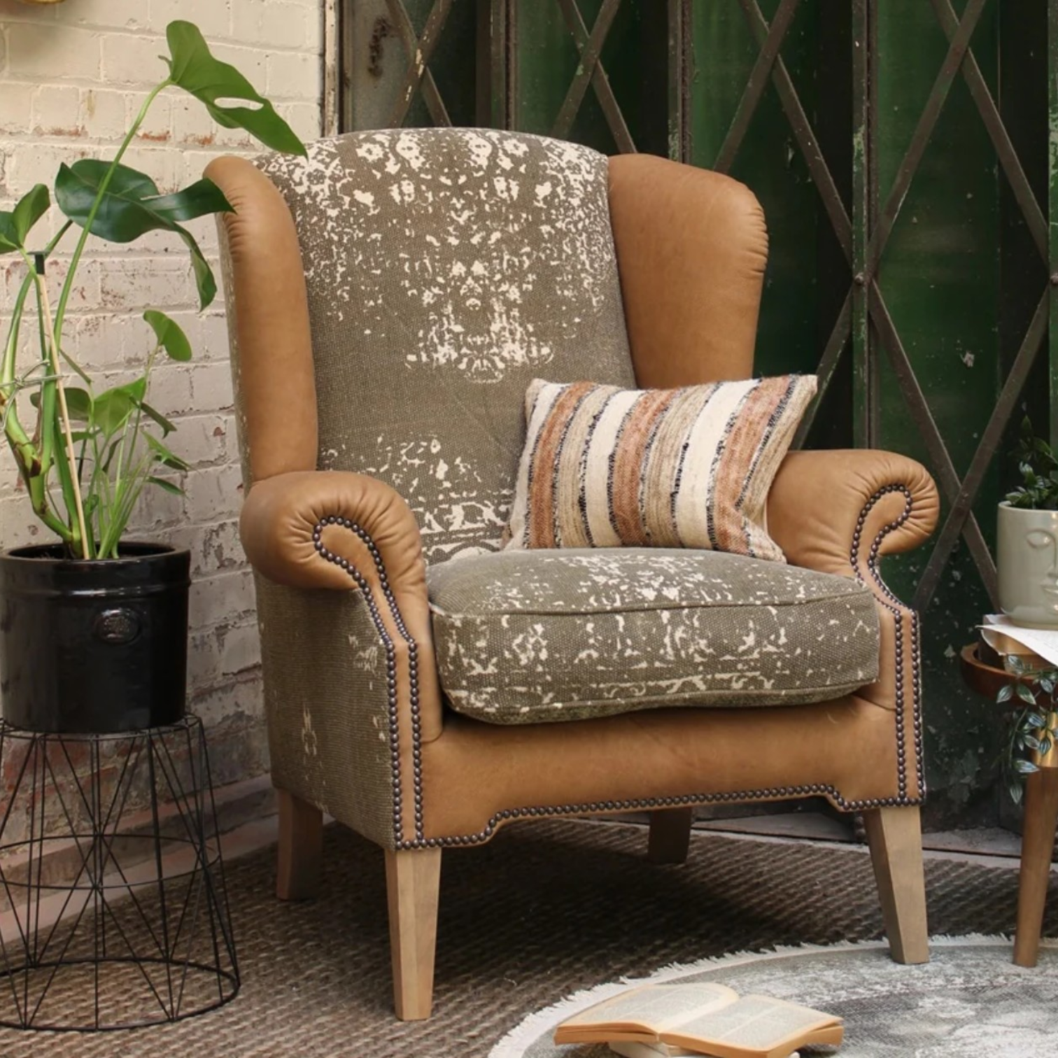 Tetrad Montana Chair in Bagru Khaki fabric and Atacama Nutmeg leather