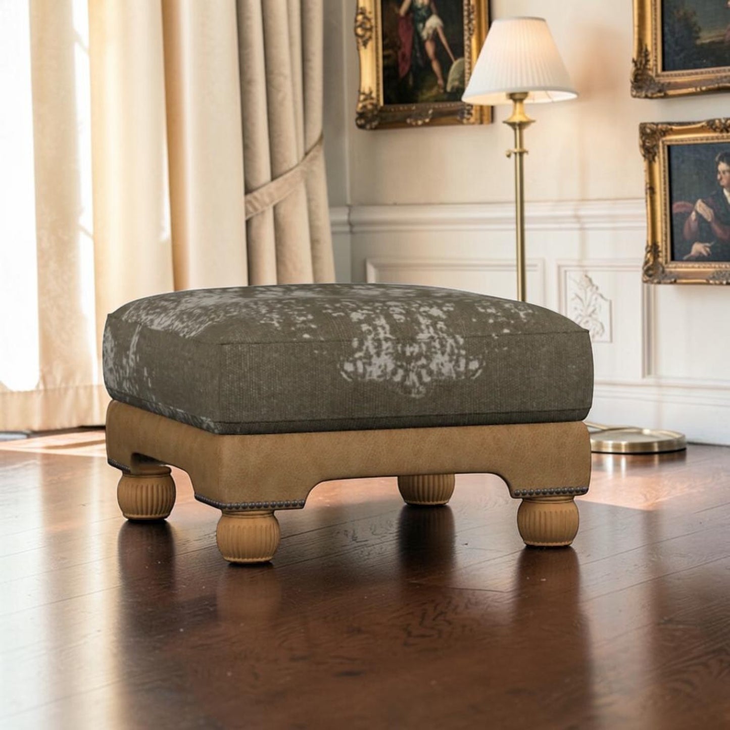 Tetrad Montana Square Footstool in Bagru Khaki fabric and Atacama Nutmeg leather