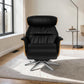 A modern black leather swivel armchair with light wood side panels and a chrome star base, placed on a light rug in a bright room with a window and floor lamp.