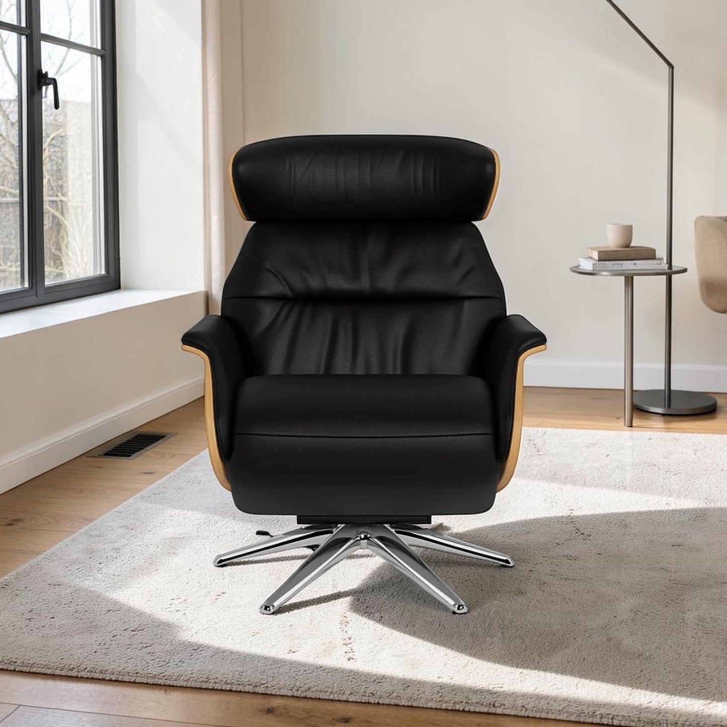 A modern black leather swivel armchair with light wood side panels and a chrome star base, placed on a light rug in a bright room with a window and floor lamp.
