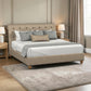 AHarris Tweed upholstered bed with a tufted headboard and wooden legs, styled with white and gray bedding, in a modern bedroom setting.