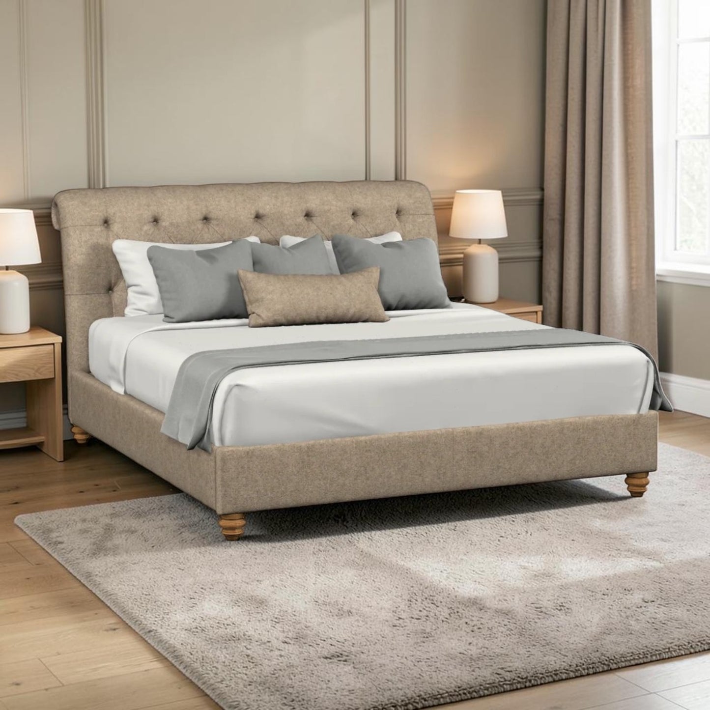 AHarris Tweed upholstered bed with a tufted headboard and wooden legs, styled with white and gray bedding, in a modern bedroom setting.