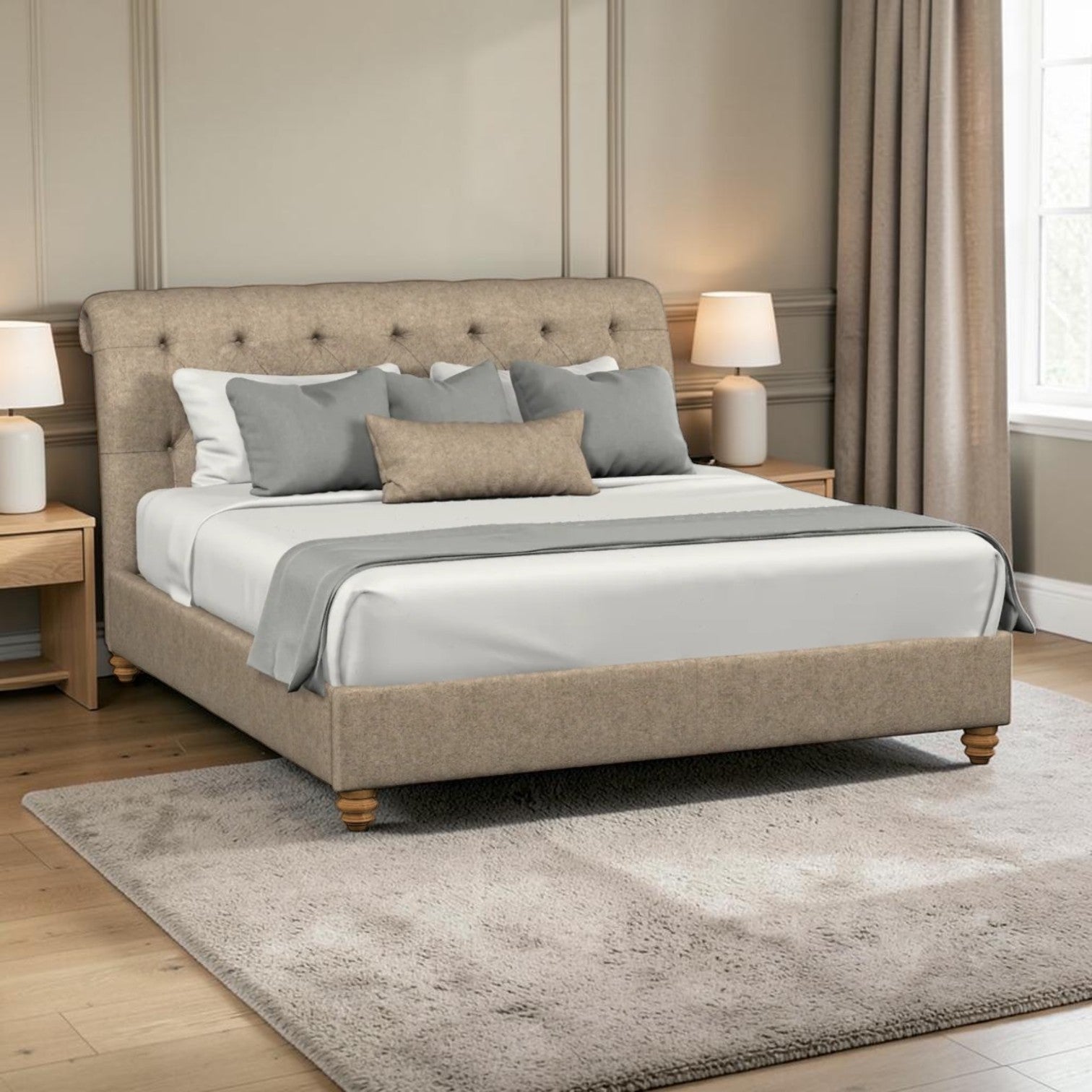 AHarris Tweed upholstered bed with a tufted headboard and wooden legs, styled with white and gray bedding, in a modern bedroom setting.