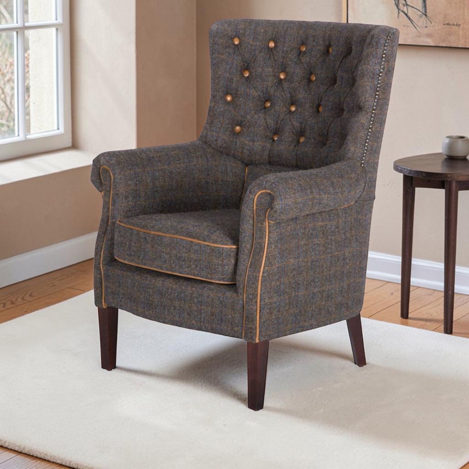 Haworth Uist Harris Tweed wingback chair with Cerato Brown leather piping and button detailing