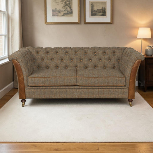 Harrogate Chesterfield Sofa – Cerato Brown Leather & Gamekeeper Harris Tweed