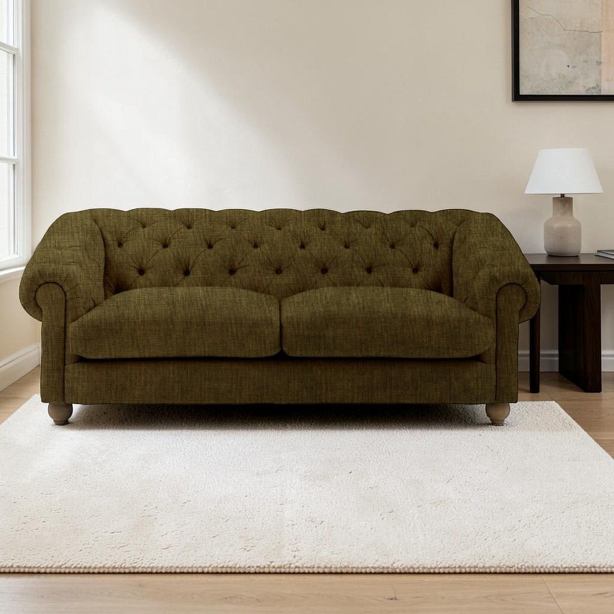 Richmond 3 seater sofa in Celine Olive fabric with deep-buttoned back and scrolled arms