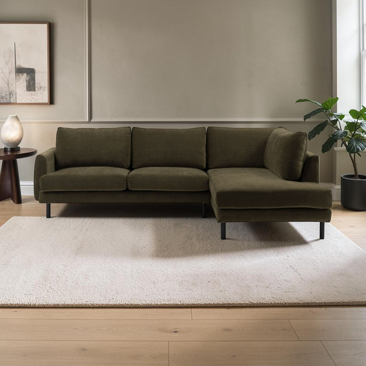 Islington contemporary chaise sofa in Verona Seaweed fabric with tapered arms and slim metal legs