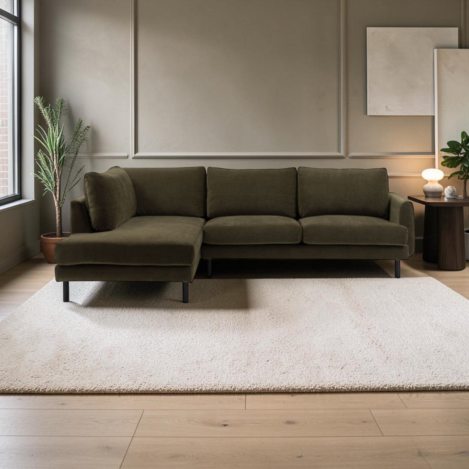 Islington contemporary chaise sofa in Verona Seaweed fabric with tapered arms and slim metal legs