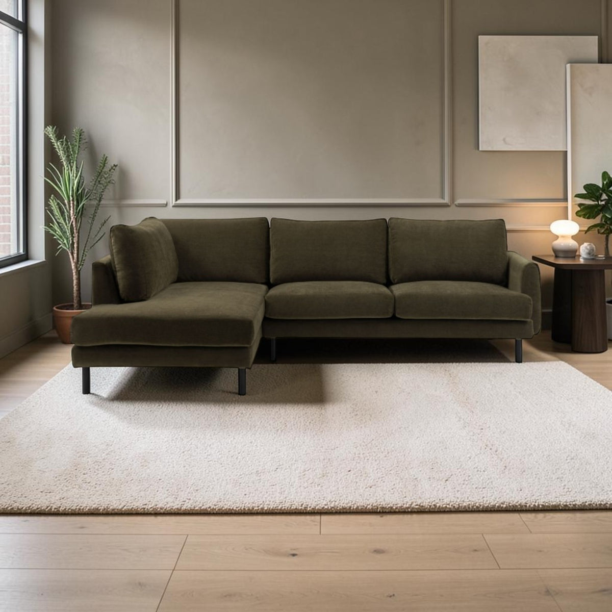 Islington contemporary chaise sofa in Verona Seaweed fabric with tapered arms and slim metal legs