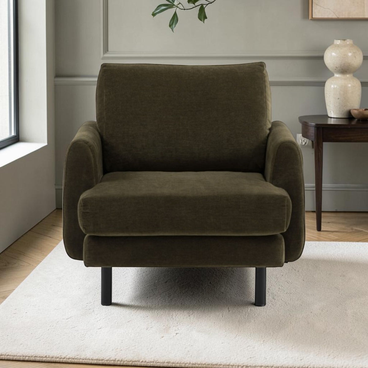 Islington contemporary armchair in Verona Seaweed fabric with tapered arms and slim metal legs