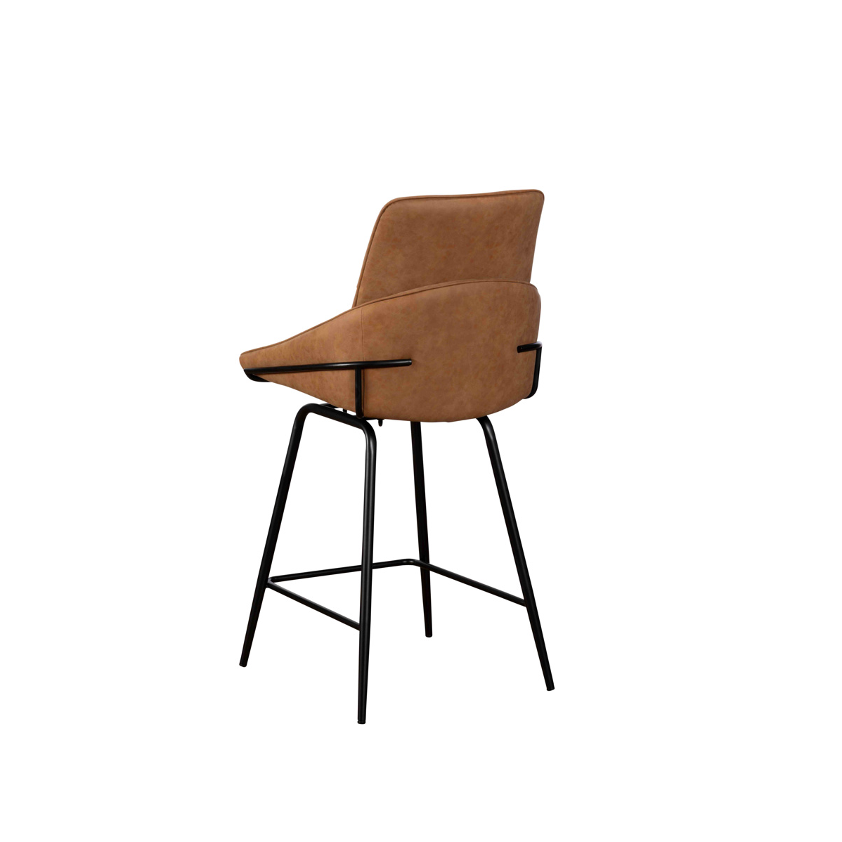 A modern counter height bar stool with a brown upholstered seat and backrest, supported by a slim black metal frame with four legs.