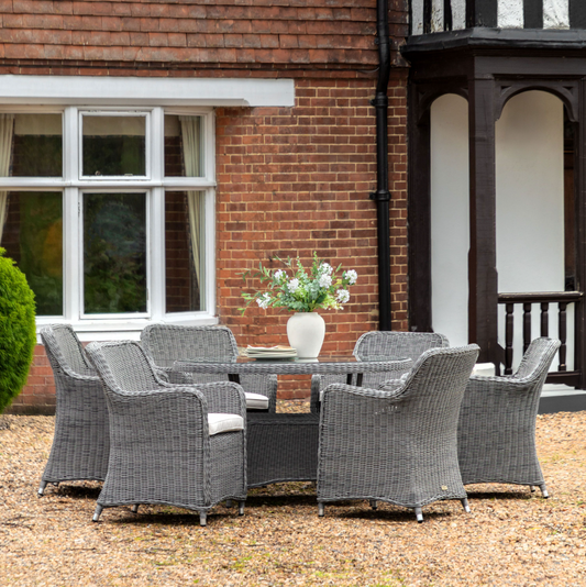 Ascot 6 Seat Outdoor Dining Set with Glass Table – Salt Spray