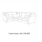 Black and white line drawing of a corner group sectional sofa with multiple throw pillows, above the text 'Corner Group - LH1, COR, RH2' on a plain white background.