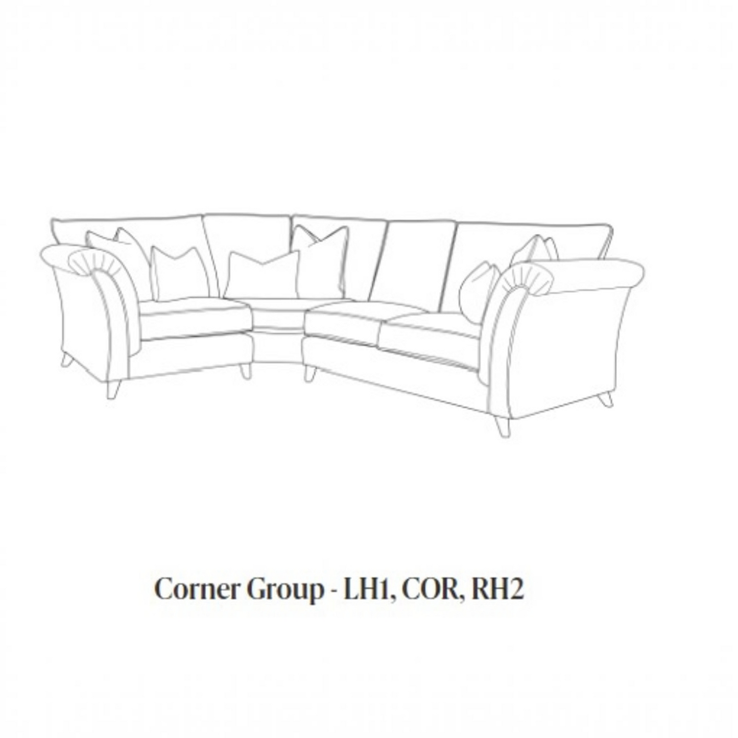 Black and white line drawing of a corner group sectional sofa with multiple throw pillows, above the text 'Corner Group - LH1, COR, RH2' on a plain white background.