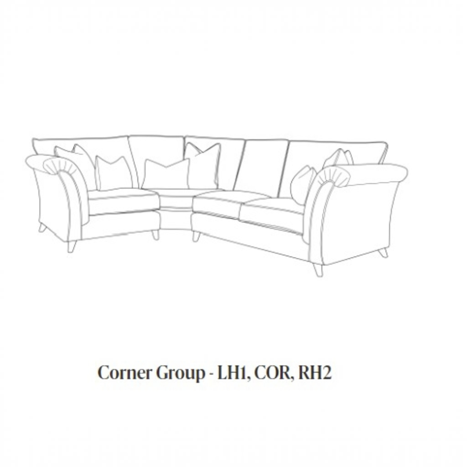 Black and white line drawing of a corner group sectional sofa with multiple throw pillows, above the text 'Corner Group - LH1, COR, RH2' on a plain white background.