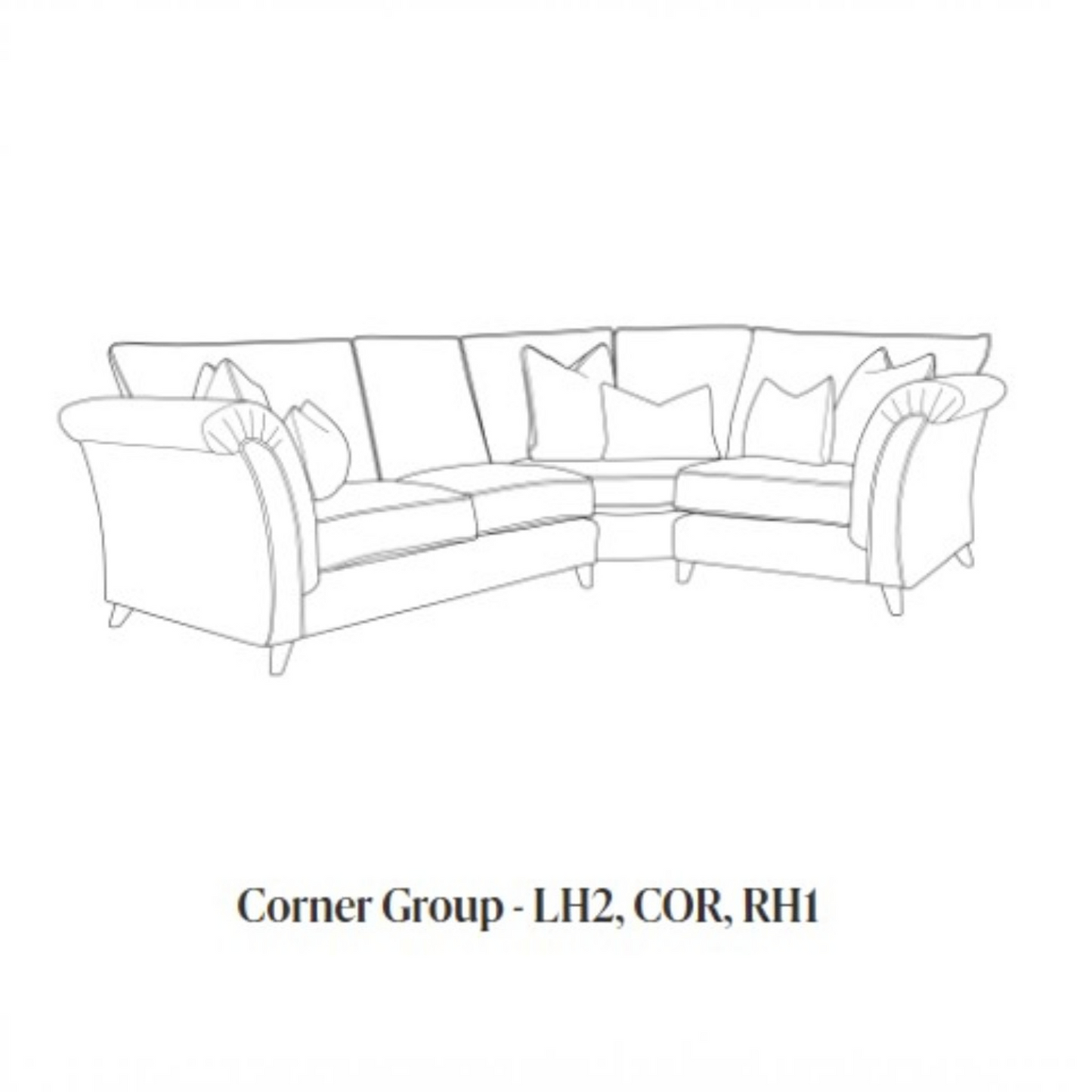 Black and white line drawing of a corner sectional sofa with cushions, labeled 'Corner Group - LH2, COR, RH1' below on a white background.