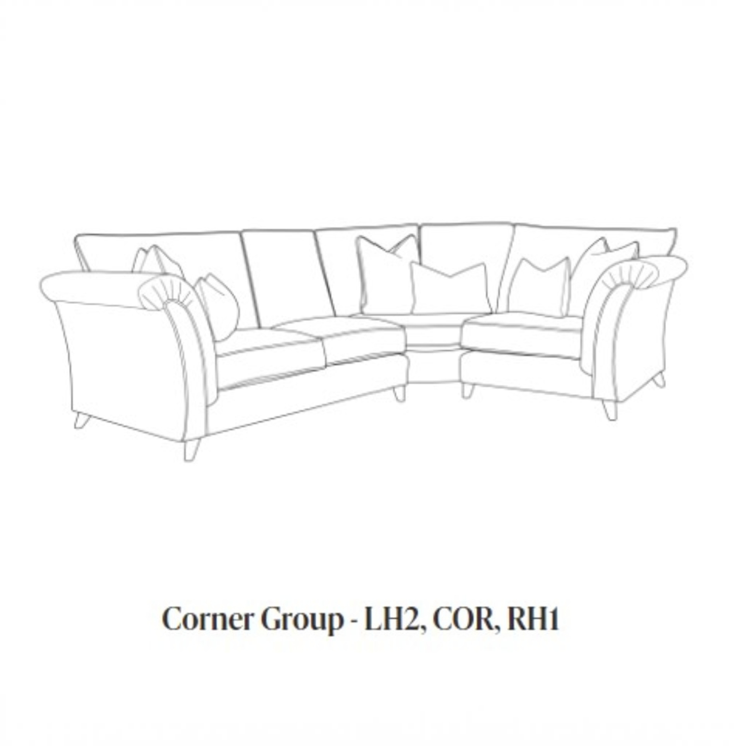 Black and white line drawing of a corner sectional sofa with cushions, labeled 'Corner Group - LH2, COR, RH1' below on a white background.
