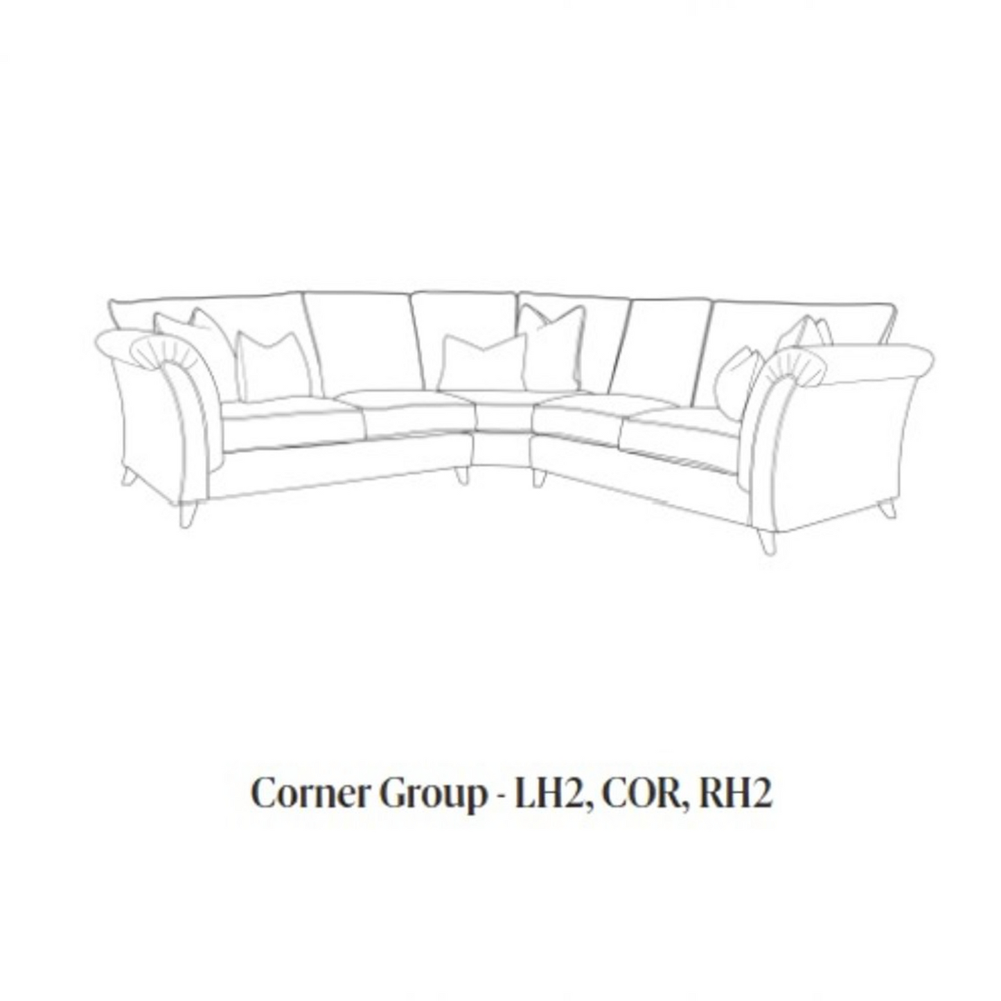 Black and white line drawing of a corner group sectional sofa with text below reading 'Corner Group - LH2, COR, RH2' on a plain white background.