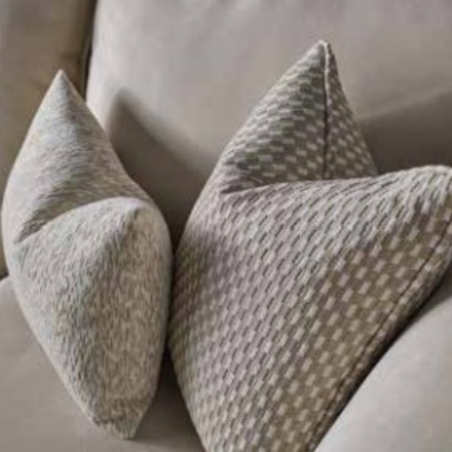 Two decorative throw pillows in neutral tones, one with a textured abstract pattern and the other with a woven geometric check pattern, resting on a light beige sofa.