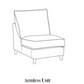 A simple line drawing of an armless upholstered chair or seat unit with the text 'Armless Unit' below on a white background.