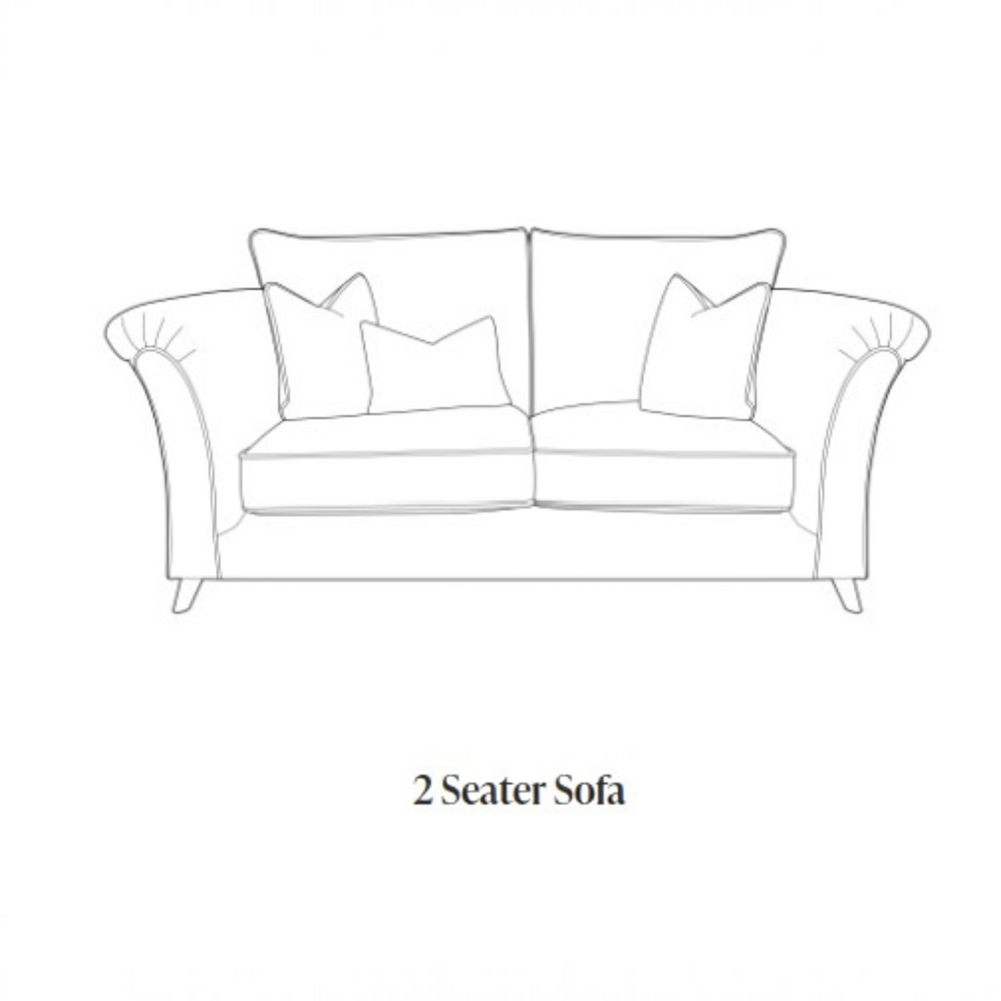 A simple line drawing of a two-seater sofa with two back cushions and two throw pillows, centered on a white background, with the text '2 Seater Sofa' below.