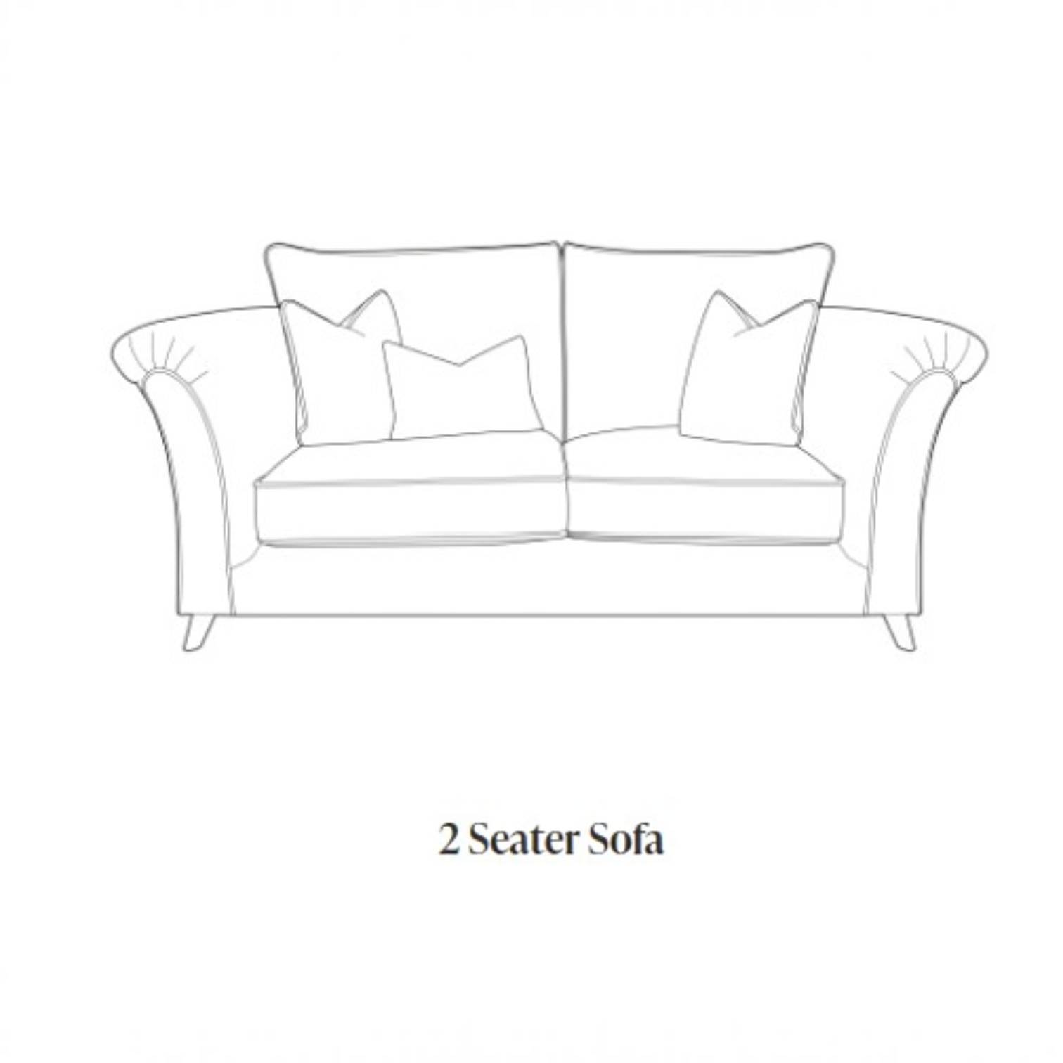 A simple line drawing of a two-seater sofa with two back cushions and two throw pillows, centered on a white background, with the text '2 Seater Sofa' below.