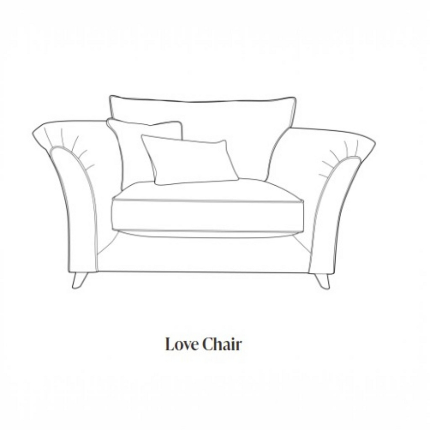 Black and white line drawing of a loveseat armchair with two pillows, labeled 'Love Chair' underneath on a white background.