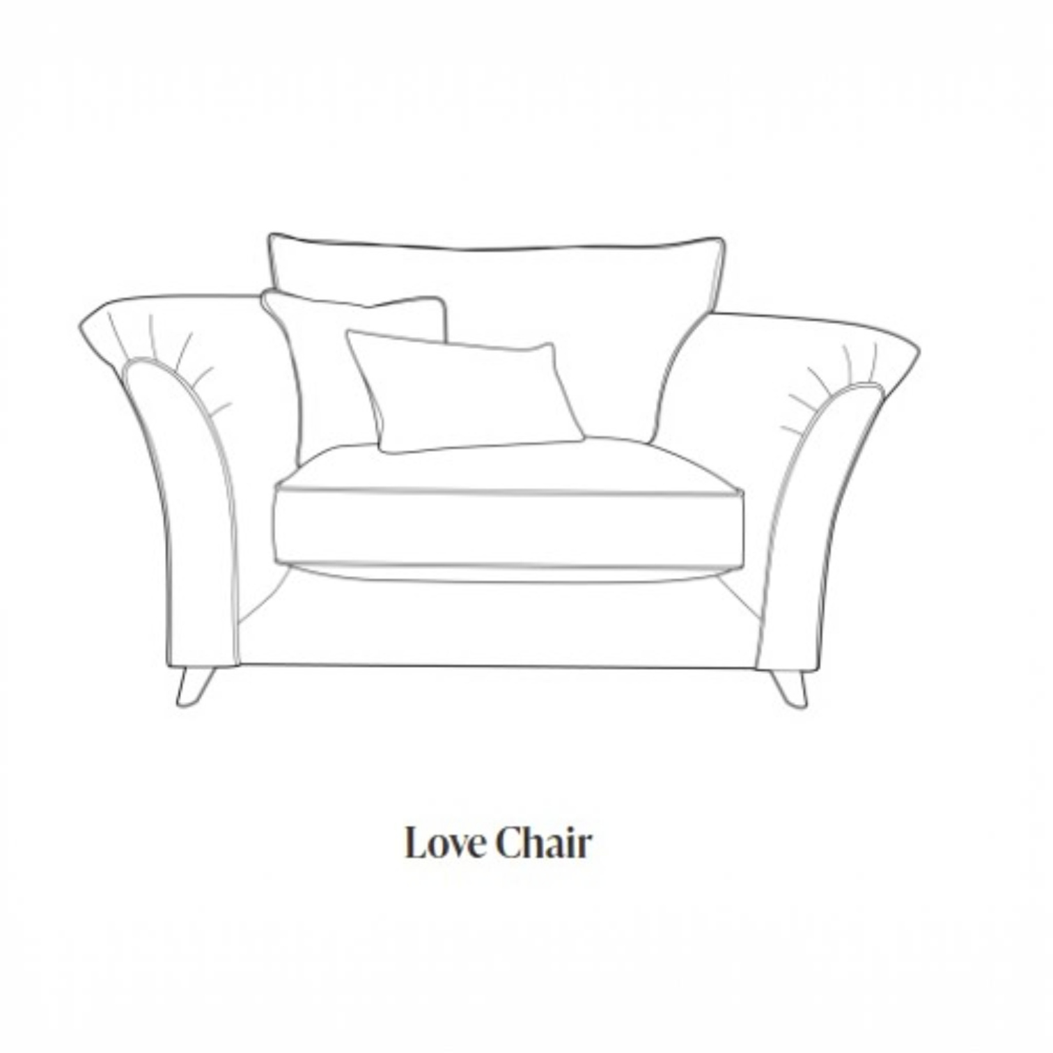 Black and white line drawing of a loveseat armchair with two pillows, labeled 'Love Chair' underneath on a white background.