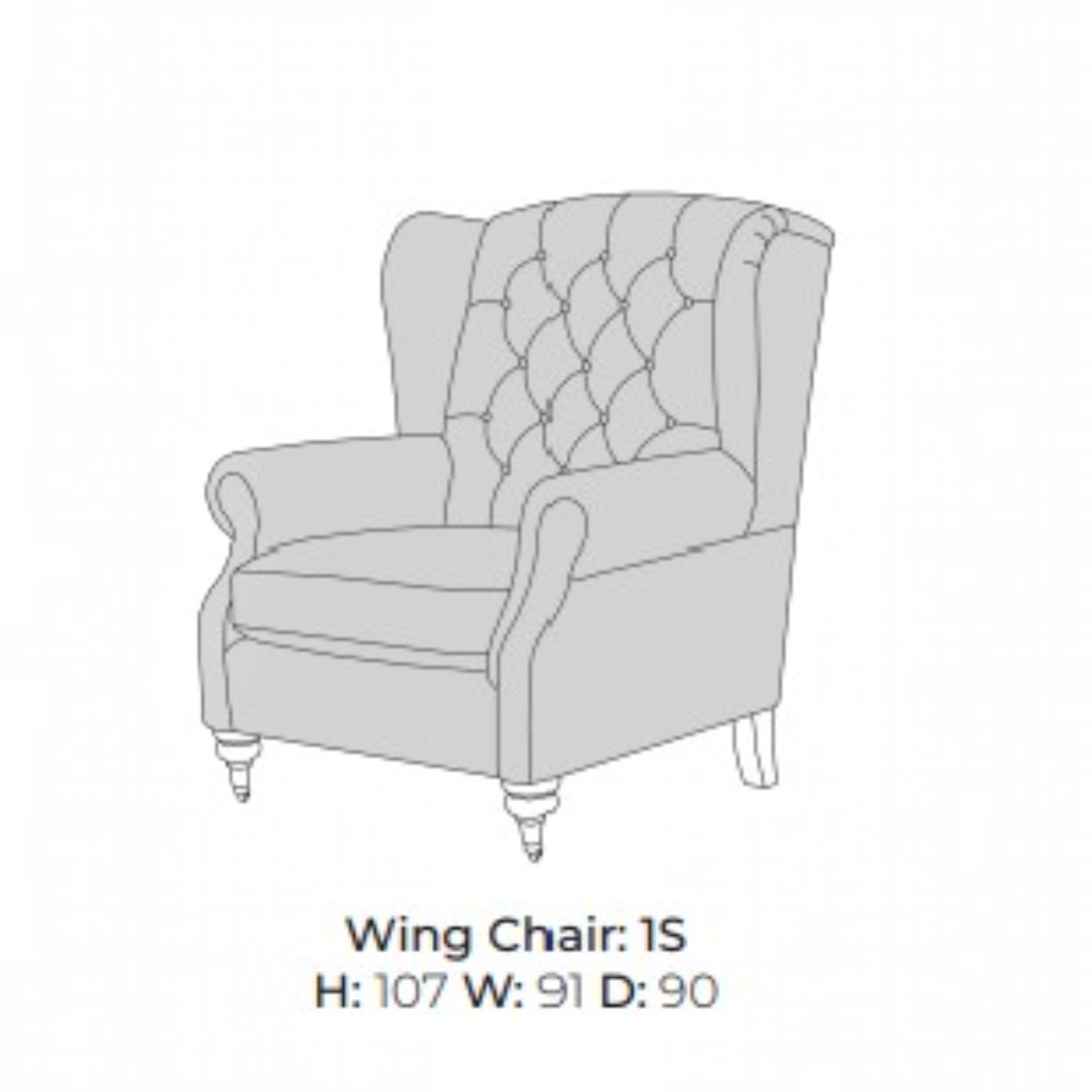 A light gray line drawing of a wingback armchair with tufted backrest, plus text below reading 'Wing Chair: 1S' and dimensions 'H: 107 W: 91 D: 90' on a white background.