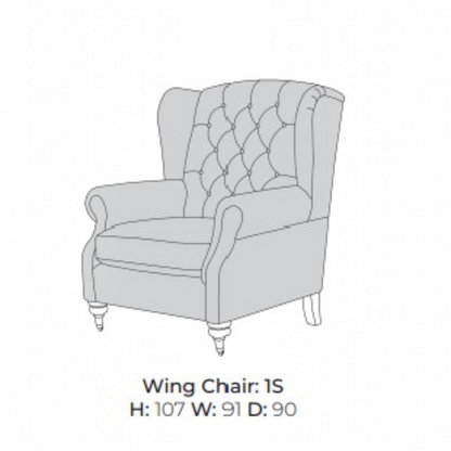 A light gray line drawing of a wingback armchair with tufted backrest, plus text below reading 'Wing Chair: 1S' and dimensions 'H: 107 W: 91 D: 90' on a white background.