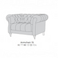 A light gray line drawing of a tufted armchair with text below reading 'Armchair: 1S' and dimensions 'H: 77 W: 131 D: 104' on a white background.