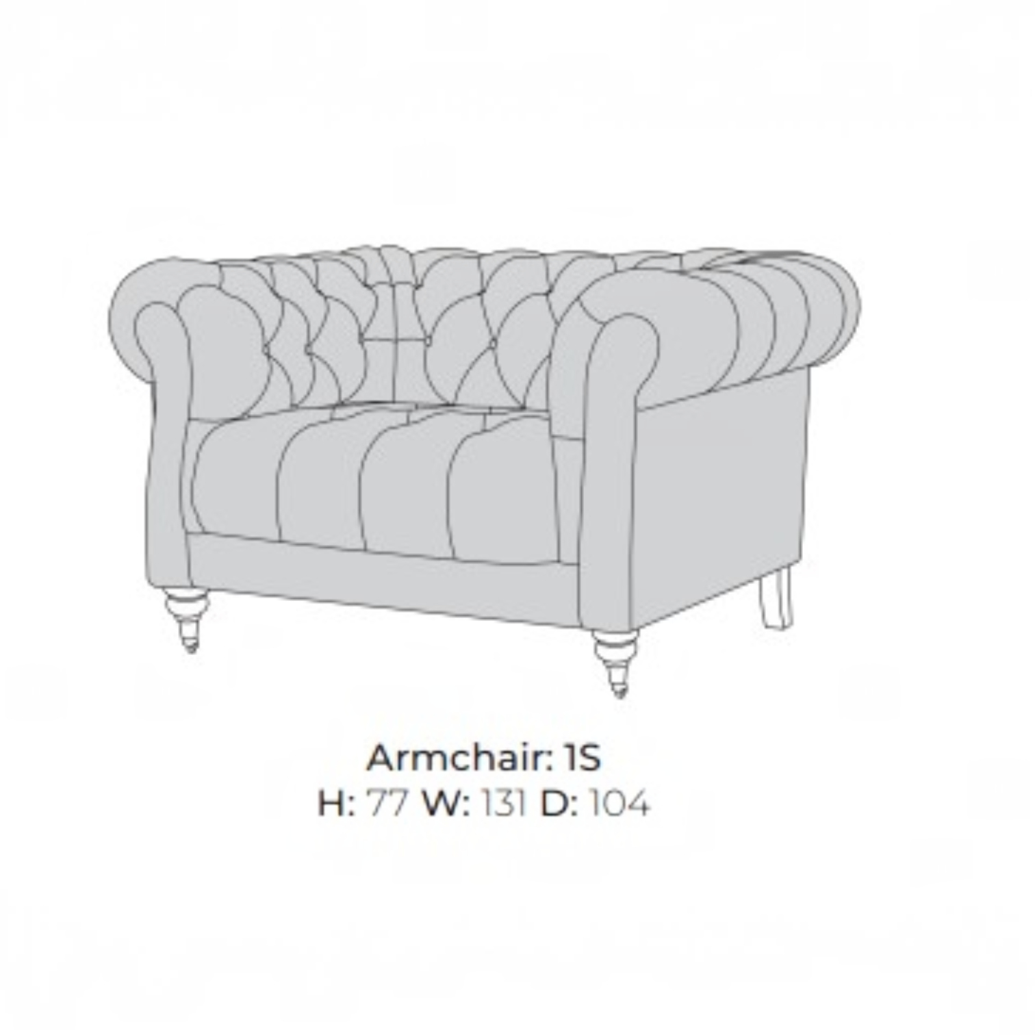 A light gray line drawing of a tufted armchair with text below reading 'Armchair: 1S' and dimensions 'H: 77 W: 131 D: 104' on a white background.