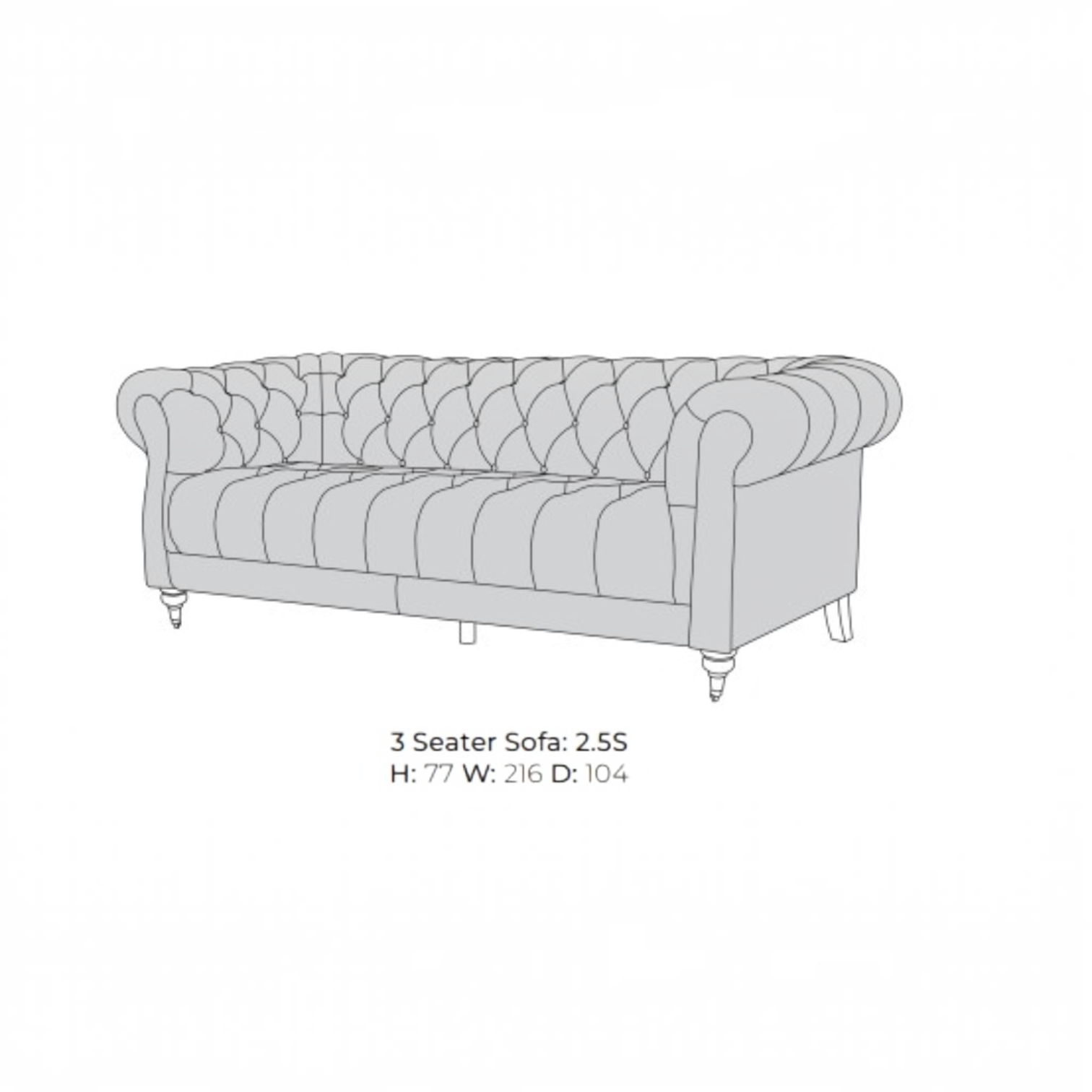 A light gray line drawing of a 3-seater sofa with tufted upholstery, shown on a white background with text below reading '3 Seater Sofa: 2.5S' and dimensions 'H: 77 W: 216 D: 104'.