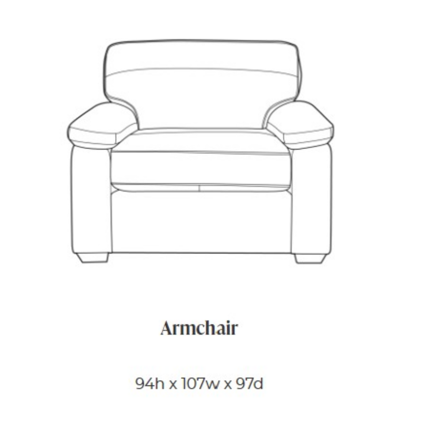 A simple line drawing of an armchair centered on a white background, with the word 'Armchair' and dimensions '94h x 107w x 97d' below it.