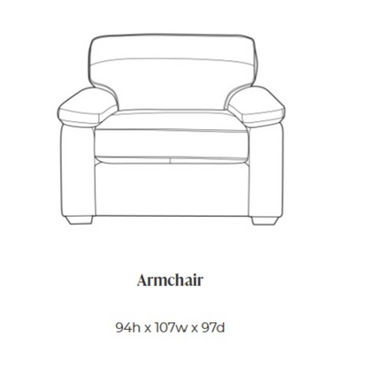 A simple line drawing of an armchair centered on a white background, with the word 'Armchair' and dimensions '94h x 107w x 97d' below it.