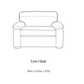Black and white line drawing of a love chair with text below reading 'Love Chair' and dimensions '94h x 145w x 97d'.