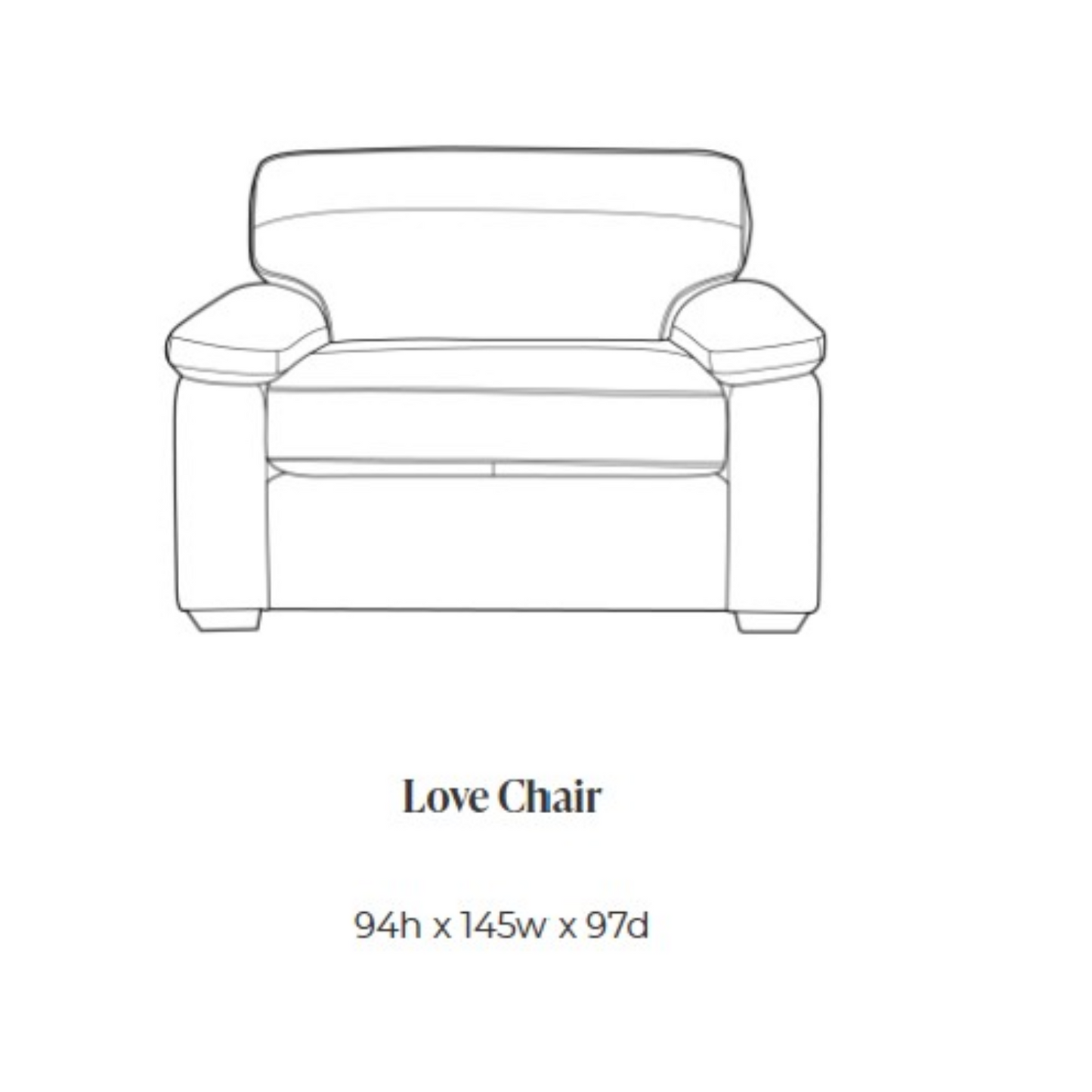 Black and white line drawing of a love chair with text below reading 'Love Chair' and dimensions '94h x 145w x 97d'.