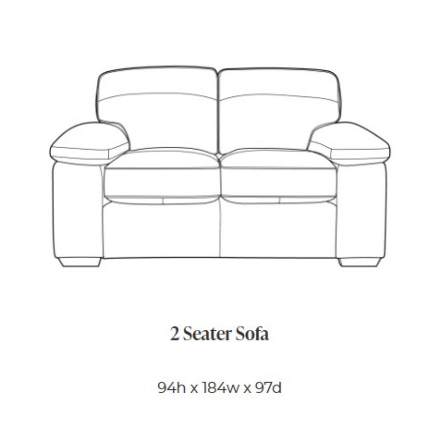 Black and white line drawing of a 2 seater sofa with text below reading '2 Seater Sofa' and dimensions '94h x 184w x 97d'.