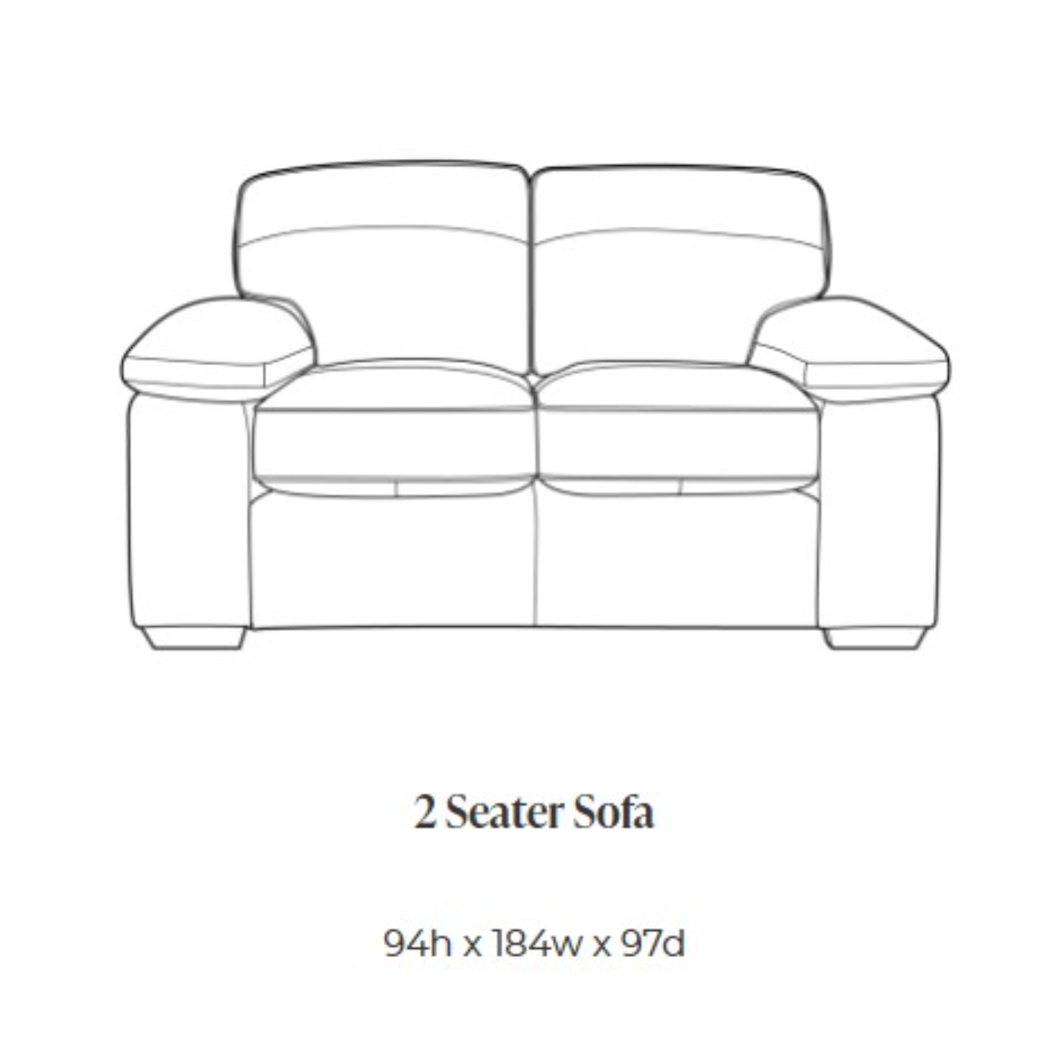 Black and white line drawing of a 2 seater sofa with text below reading '2 Seater Sofa' and dimensions '94h x 184w x 97d'.