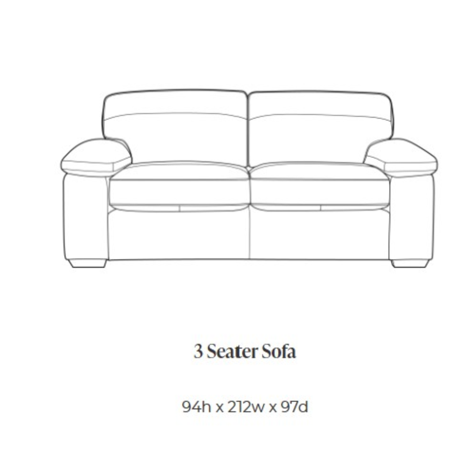 Black and white line drawing of a 3 seater sofa with text below reading '3 Seater Sofa' and dimensions '94h x 212w x 97d'.