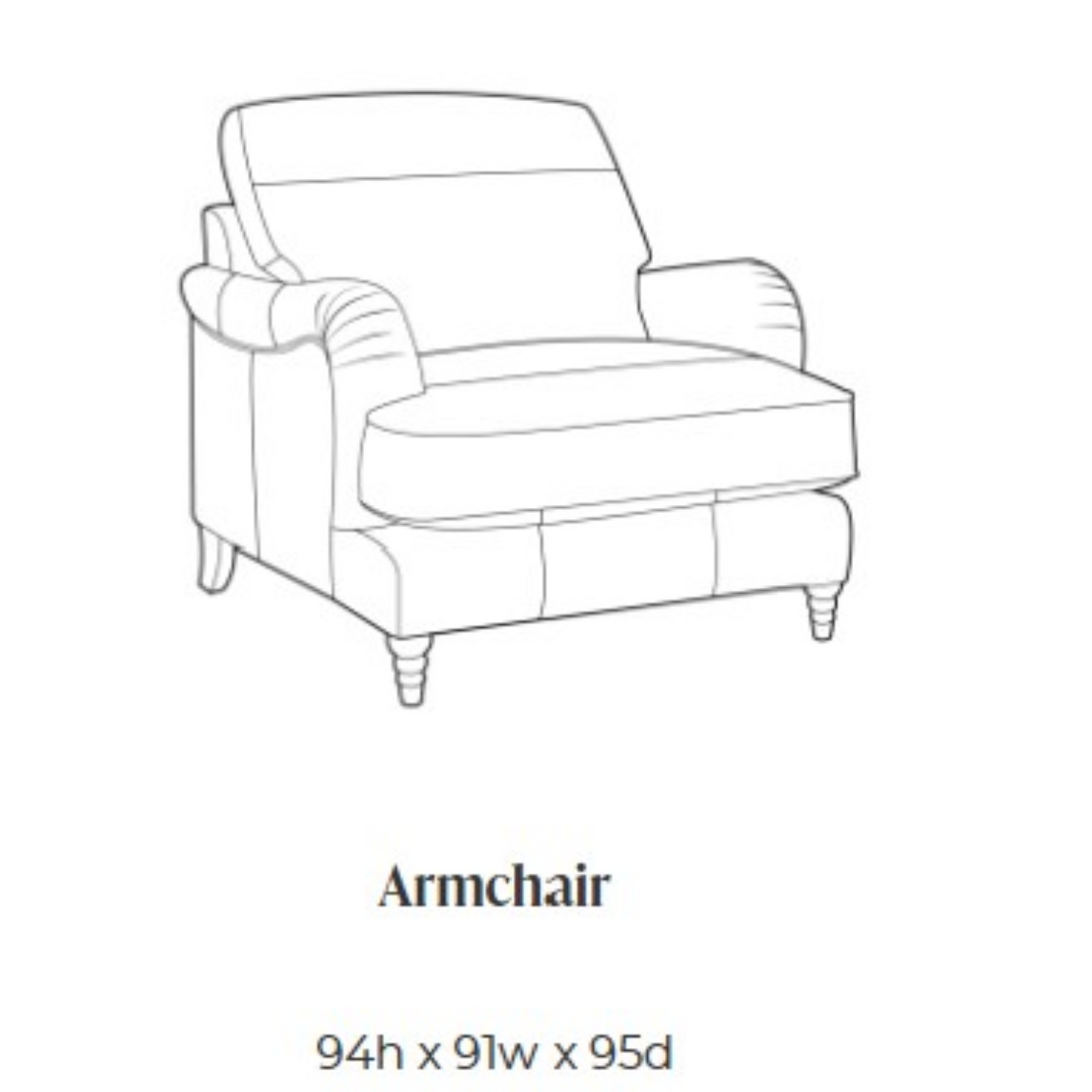 Black and white line drawing of an armchair with the text 'Armchair' and dimensions '94h x 91w x 95d' below on a white background.