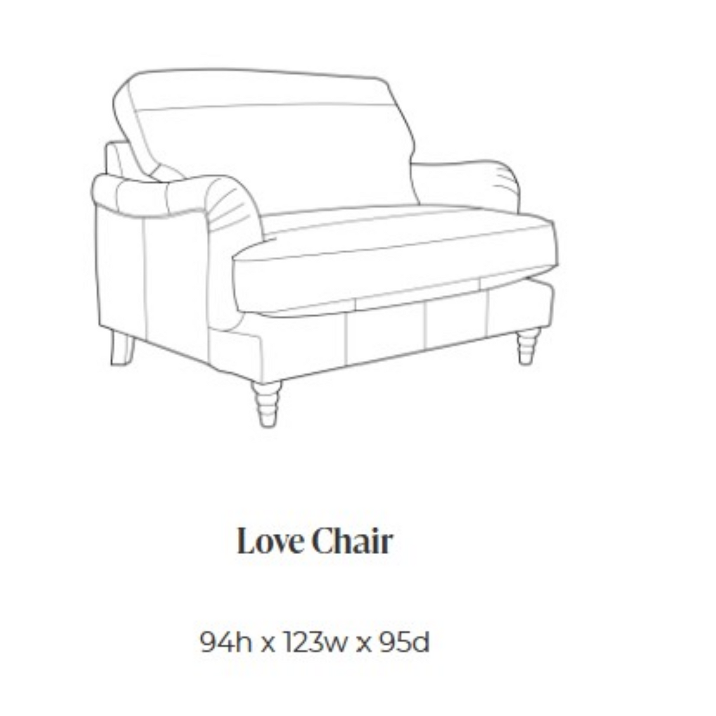 Black and white line drawing of a love chair with text below reading 'Love Chair' and dimensions '94h x 123w x 95d'.
