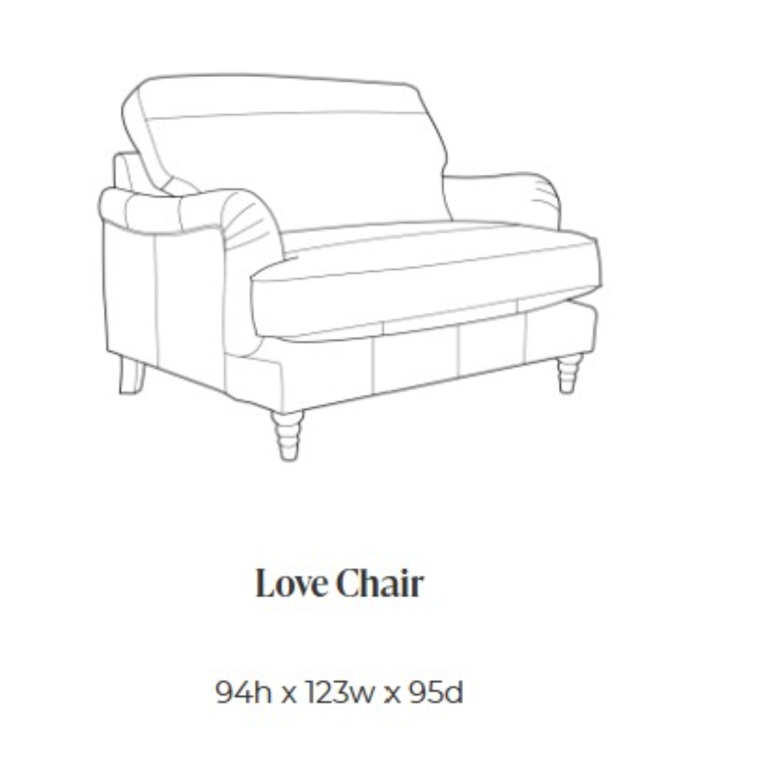 Black and white line drawing of a love chair with text below reading 'Love Chair' and dimensions '94h x 123w x 95d'.