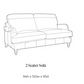 Black and white line drawing of a two-seater sofa with text below reading '2 Seater Sofa' and dimensions '94h x 150w x 95d'.