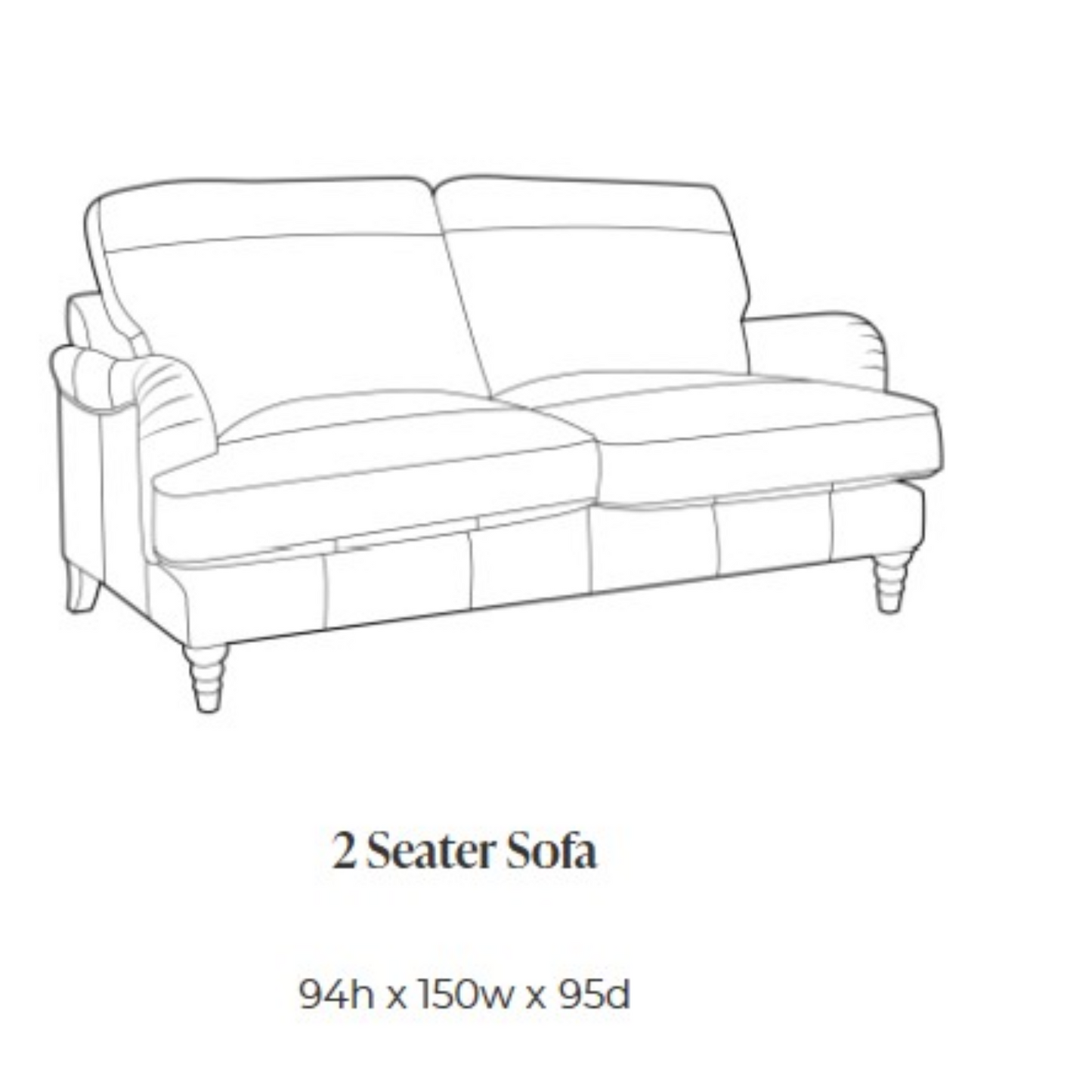 Black and white line drawing of a two-seater sofa with text below reading '2 Seater Sofa' and dimensions '94h x 150w x 95d'.