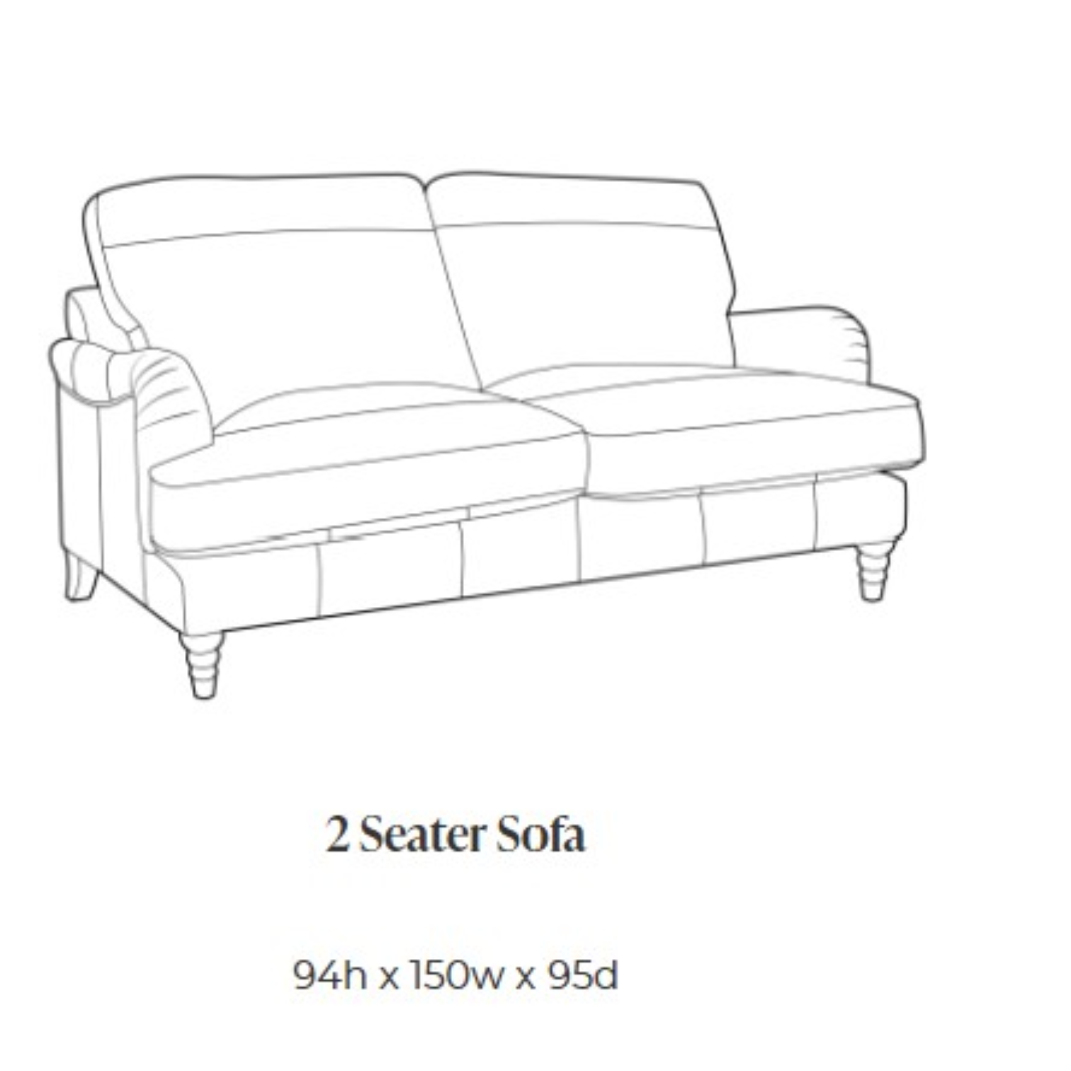 Black and white line drawing of a two-seater sofa with text below reading '2 Seater Sofa' and dimensions '94h x 150w x 95d'.