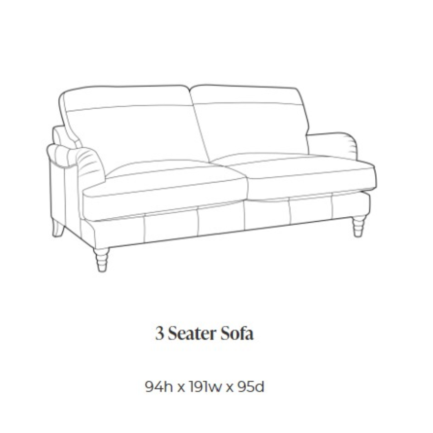 Black and white line drawing of a 3 seater sofa with dimensions text below reading 94h x 191w x 95d.