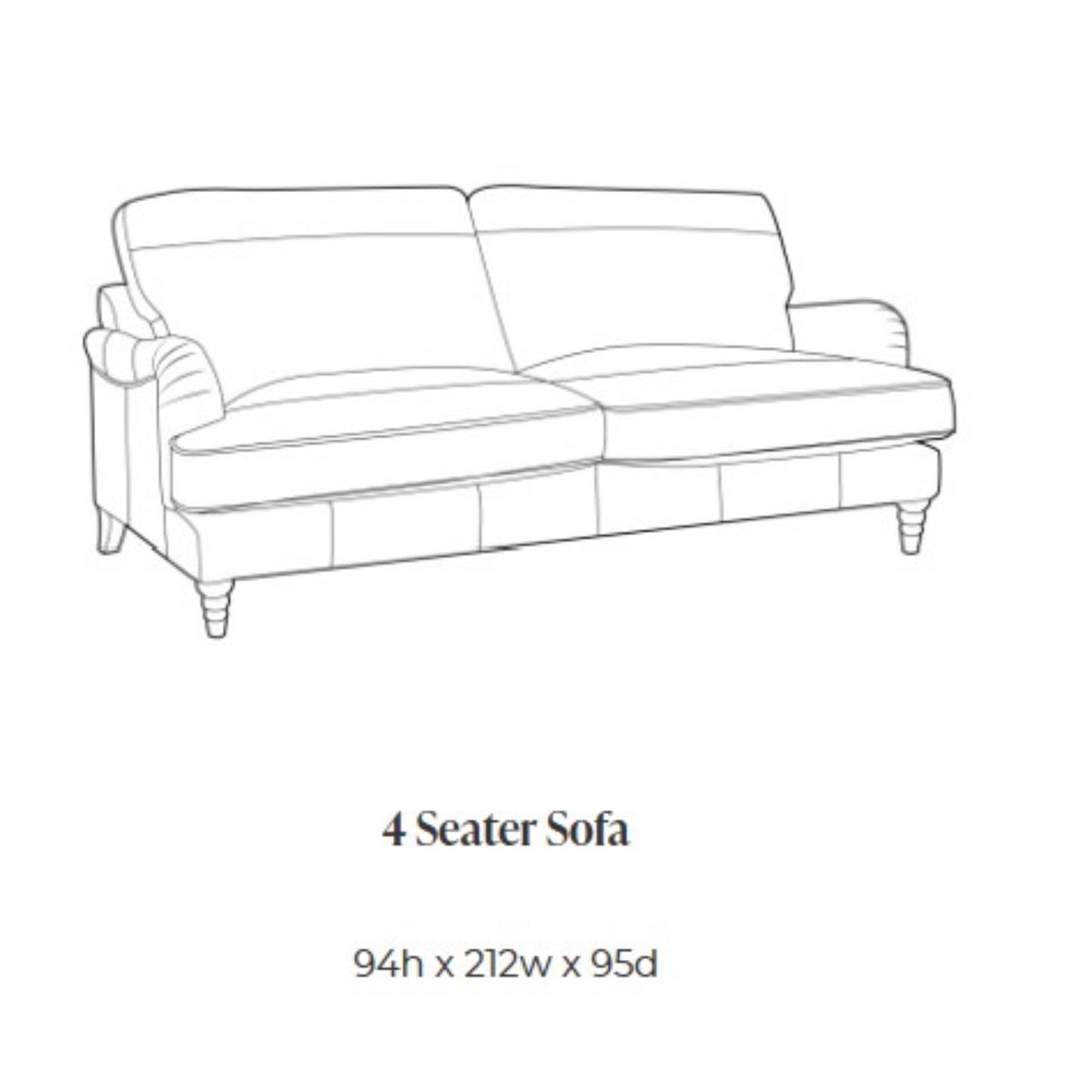 Black and white line drawing of a 4-seater sofa with text below reading '4 Seater Sofa' and dimensions '94h x 212w x 95d'.