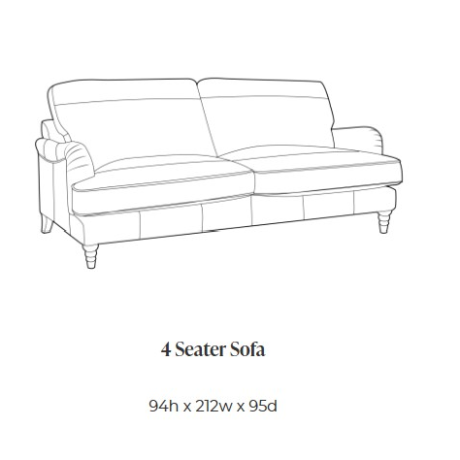 Black and white line drawing of a 4-seater sofa with text below reading '4 Seater Sofa' and dimensions '94h x 212w x 95d'.