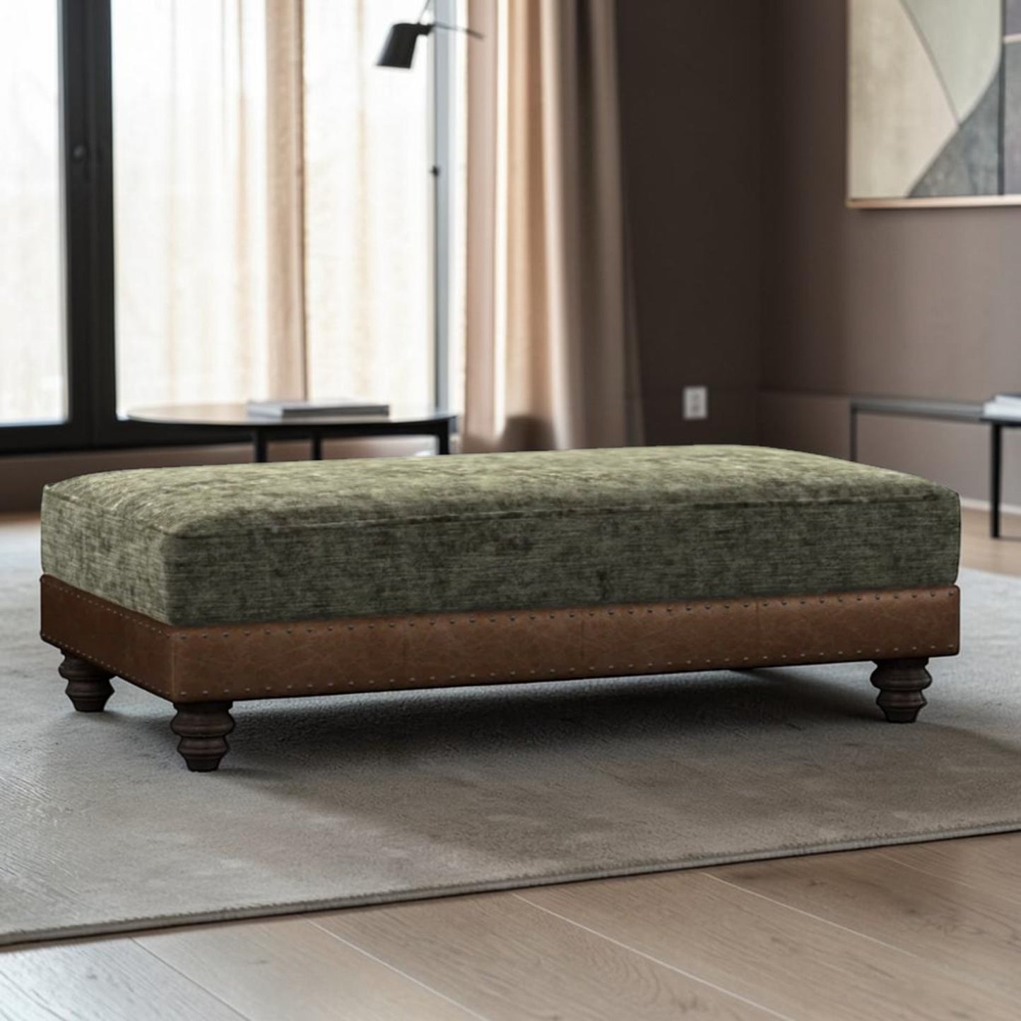 Tetrad Constable Large Rectangular Footstool in Coco Velvet Olive and Galveston Bark